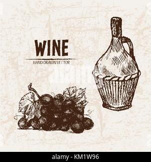 Digitale Vektor detaillierte Strichzeichnungen Krug Wein und Traubenmost Bündel Hand gezeichnet retro Abbildung Sammlung eingestellt. Dünne künstlerische Bleistift skizzieren. vintage Tinte Stock Vektor