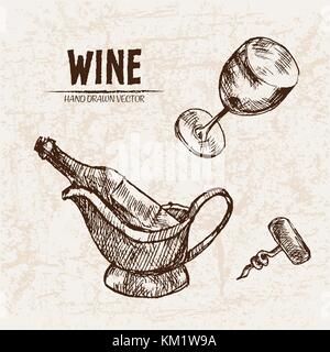 Digitale Vector ausführliche Line Art Wein, Weinglas und Opener und Hand gezeichnet retro Abbildung Sammlung eingestellt. Dünne künstlerische Bleistift skizzieren. Jahrgang in Stock Vektor