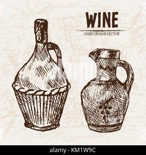 Digitale Vector ausführliche Line Art Wein Krüge mit Ornamenten und Hand gezeichnet retro Abbildung Sammlung eingestellt. Dünne künstlerische Bleistift skizzieren. Vintage Stock Vektor