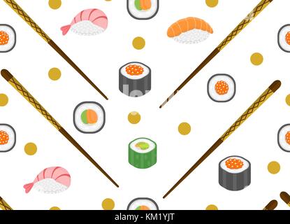Sushi set nahtlose Muster. Rollen endlose Hintergrund. japanische Küche sich wiederholende Textur. Hintergrund Tapete. Vector Illustration. Stock Vektor