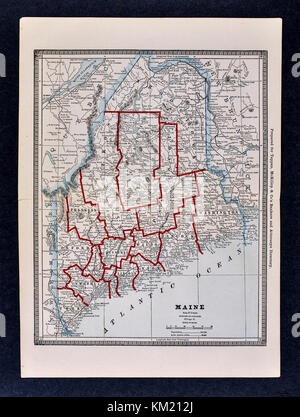 George Cram antike Karte von Atlas 1866 für Anwälte und Banker: Usa - Maine - Augusta Portland Bangor Caribou Stockfoto
