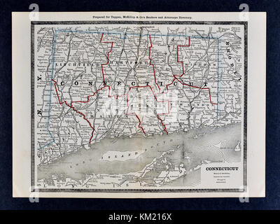 George Cram antike Karte von Atlas 1866 für Anwälte und Banker: Usa - Connecticut - Hartford New Haven Stockfoto