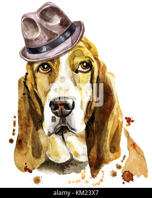 Netter Hund. Hunde-t-Shirt-Grafiken. Aquarell Basset hound Stockfoto