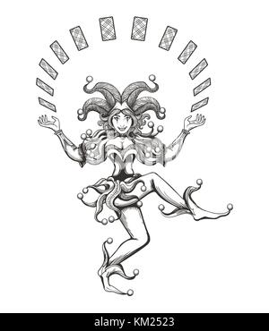 Dancing joker Girl jongliert mit Spielkarten im Tattoo Style isoliert auf weiß gezeichnet. Vector Illustration Stock Vektor