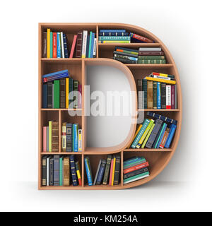 Schreiben D. Alphabet in Form von Regalen mit Büchern isoliert auf Weiss. 3D-Darstellung Stockfoto