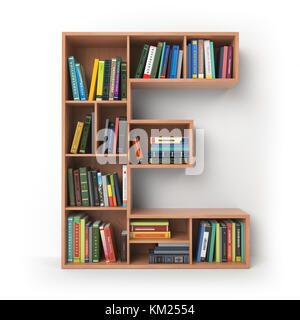 E. Alphabet in Form von Regalen mit Büchern isoliert auf weiß. 3D-Abbildung Stockfoto