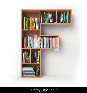 Buchstabe F. Alphabet in Form von Regalen mit Büchern isoliert auf weiß. 3D-Abbildung Stockfoto