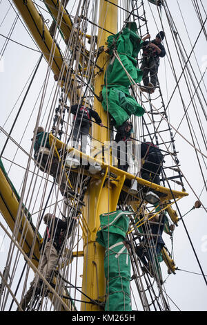 Auszubildende besteigen das Takelage des deutschen Hochschiffs Alexander von Humboldt 2 in Halifax, Nova Scotia. Stockfoto