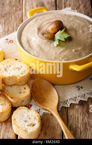 Suppe pürieren von Kastanien close-up in einem Topf und Croutons auf einem Tisch. Vertikale Stockfoto