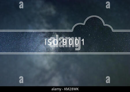 ISO 9001 word cloud Konzept. Raum Hintergrund. Stockfoto
