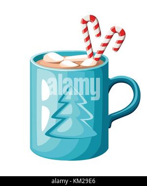 Blaue Tasse heißen Kakao oder Kaffee mit Candy Stick und Marshmallows Vector Illustration auf weißem Hintergrund Web site Seite und mobile App Design isoliert Stock Vektor