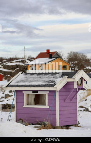 Malve lackierten Holz- hafen Stand mit Gezeiten Uhr an der Wand unter dem schwarzen Schindeldach Giebel - gelb Cottage und stangerholmen Hügel im Hintergrund. Stockfoto