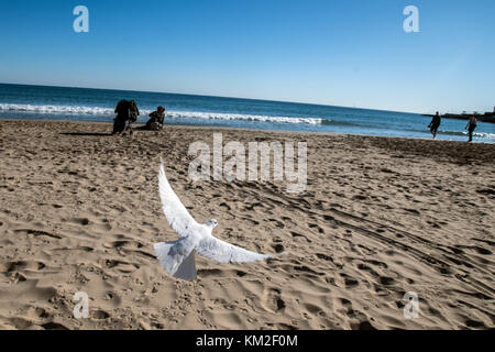 Alicante, Spanien. 3 Dez, 2017. eine weiße Taube fliegt über den Strand El Postiguet an einem sonnigen Tag in Alicante, Spanien.Credit: Marcos del Mazo/alamy leben Nachrichten Stockfoto