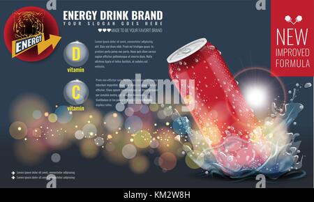 Energy Drink Metall kann Mockup mit Wasser spritzen und Tropfen für Werbung Layout 3d-Vorlage für Ihr Design. illustrierte Vektor. Stock Vektor