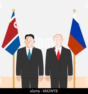 03.12.2017 Redaktionelle Illustration der Russischen Föderation Präsident Wladimir Putin und der Oberste Führer Nordkoreas Kim Jong-un auf Fahnen ba Stock Vektor