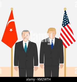 03.12.2017 Redaktionelle Illustration des Präsidenten der Türkei, Recep Erdogan und den usa Präsident Donald Trump auf Fahnen Hintergrund. Stock Vektor