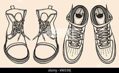 Männer boot gesetzt Abbildung, winter Schuhe in Klassik und Sport Style, Zeichnung, Gravur, Tinte, Strichzeichnungen, Vektor Stock Vektor