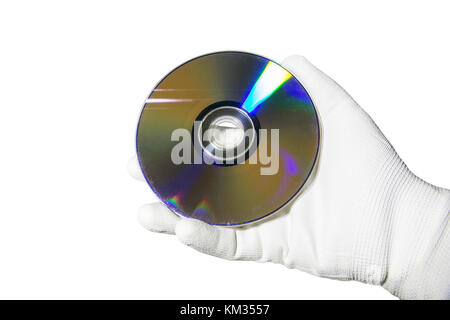 Hand in einem weißen Handschuh halten Sie die Compact Disc cd Stockfoto