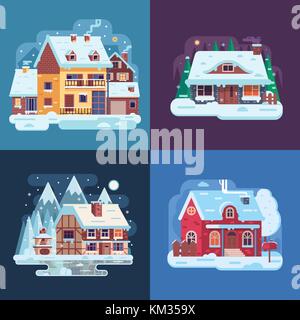Ländliche winter Häuser und Hütten Landschaften Stock Vektor