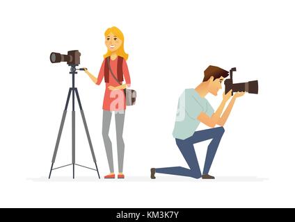 Fotografen - cartoon Menschen Zeichen Abbildung auf weißem Hintergrund. Zwei junge lächelnde Menschen bei der Arbeit Bilder aufnehmen mit Professional Stock Vektor