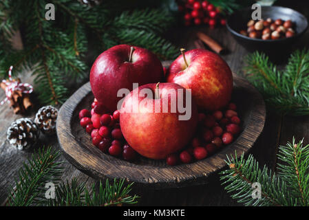 Rote Äpfel, Preiselbeeren und Fir Tree Branches. Weihnachten noch leben. Winter wallpaper. Horizontale Ansicht Stockfoto