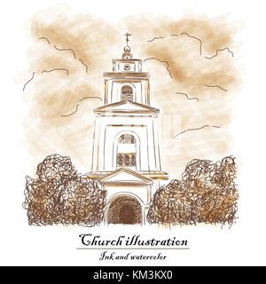 Kirche, Bush, Cloud-watecolor und Tinte. Stock Vektor