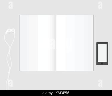 Ansicht von oben leer Notebooks, Kopfhörer und Telefon im Ort auf einem weißen Tisch. Stock Vektor