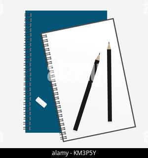 Blick von oben auf die offene Spirale Notizbuch und Bleistift. Stock Vektor