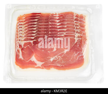 Blick von oben auf die Schinken Scheiben in transparenten Vakuum Verpackungen aus Kunststoff auf weißem Hintergrund Stockfoto