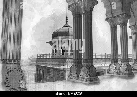 Agra Fort historischen Architektur in Abbildung Skizze Kunst mit Säulen und Blick auf musamman Burj Kuppel Stockfoto