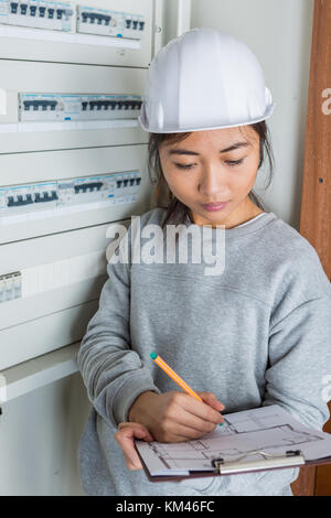 Weibliche Elektriker mit Clip-board neben dem Sicherungskasten Stockfoto