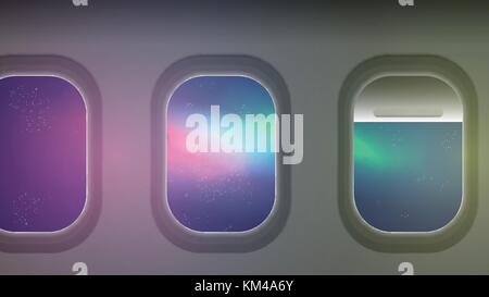 Blick aus dem Fenster eines Flugzeuges, Aurora Night Sky-Vector Illustration Stock Vektor