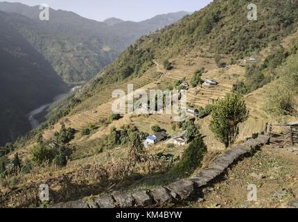 Terrassenfelder sind typisch für die Annapurna-Region im westlichen Himalaya. Oft dienen die treppenförmigen Flächen dem Reisanbau. (03. Dezember 2016) | Nutzung weltweit Stockfoto