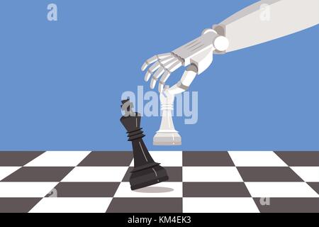 Roboter spielen Schach und Matt. Künstliche Intelligenz übersteigt das menschliche Gehirn. Stock Vektor