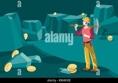 Man Charakter als Bergmann Bergbau Die cryptocurrency mit einer Spitzhacke bitcoin zu erhalten. Prinzipdarstellung. Flache editable Vector Illustration. Stock Vektor