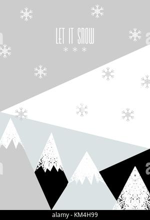 Moderne weihnachten Grußkartenvorlage mit Text lassen Sie es schneien und geometrische Elemente in Schwarz, Weiß, Braun und Hellblau. Stock Vektor