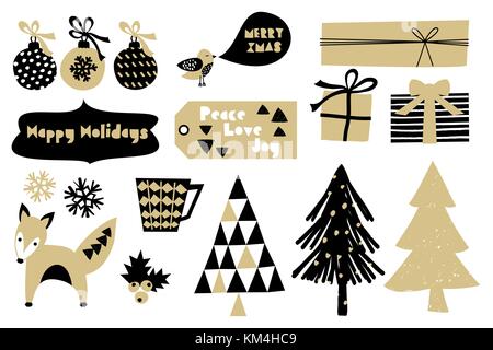 Eine Reihe von skandinavischen Stil Weihnachten Design Elemente in schwarzen und goldenen auf weißem Hintergrund. Stock Vektor