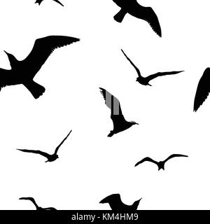 Silhouetten Möwen. Vector Illustration. schwarze Vögel auf weißen Muster wanddekor. Nahtlose Hintergrund. Stock Vektor