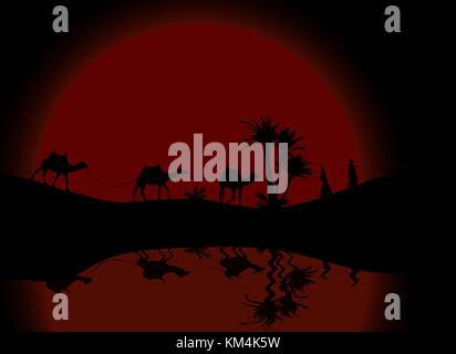 Reflexion im Wasser Silhouette von Caravan mit Menschen und Kamele durch die Wüste mit Palmen bei Tag und Nacht wandern. Vector Illustration.eps 10. Stock Vektor