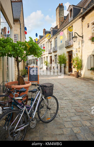 Fahrräder für einen Zwischenstop in Azay-le-Rideau im Loiretal Frankreich geparkt. Stockfoto
