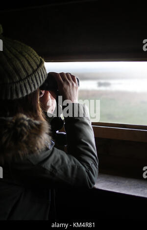 Seitenansicht einer Frau, Vogelbeobachtung, Blick durch ein Fernglas in einem verstecken. Stockfoto