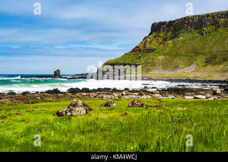 Nordirland: Blick auf die Schornsteine hill Teil der Giant's Causeway Naturschutzgebiet an der Atlantik Küste. Stockfoto