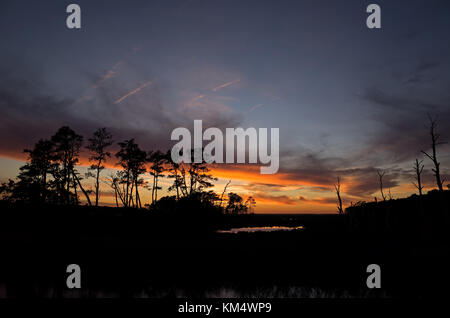 In den späten Herbst Sonnenuntergang über Sümpfe bei Chincoteague National Wildlife Refuge. Stockfoto