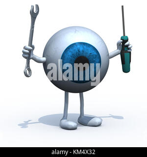 Big blue Augapfel mit Armen, Beinen und Tools auf Händen, 3 Abbildung d Stockfoto