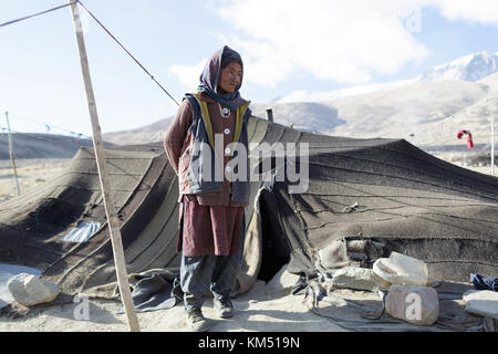 Eine Frau aus changpa Nomaden vor ihrem Zelt von Yak wolle, Ladakh, Jammu und Kaschmir, Indien stehen. Stockfoto