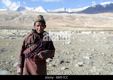 Ein Mann aus changpa Nomaden auf dem Weg seine Herde von Ziegen in die Berge zu nehmen, Tso Moriri, Ladakh, Jammu und Kaschmir, Indien. Stockfoto