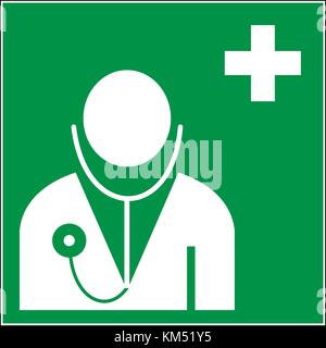 Erste Hilfe Arzt unterschreiben. Arzt und Weiß Kreuz Symbol auf einem grünen Quadrat Hintergrund, Vector Illustration. Stock Vektor