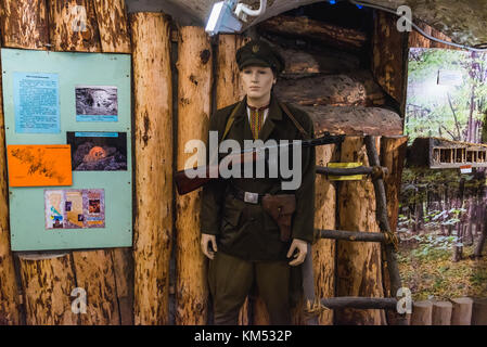 Uniform der ukrainischen Aufständischen Armee im Historischen und Gedenkmuseum der politischen Gefangenen in der Stadt Ternopil, Ukraine Stockfoto