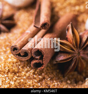 Gewürze Zimt und Anis über Haufen brauner Zucker. square Bild mit selektiven Fokus Stockfoto