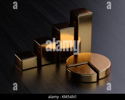 Die Golden Bar Grafik auf schwarzem Holz Tisch Hintergrund. Unternehmen finanzielle Konzept. 3D Rendering illustration Stockfoto